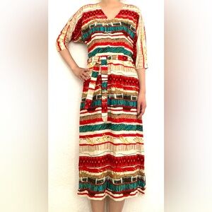 Vintage handmade midi red blue multicolor stripe dress, size xs